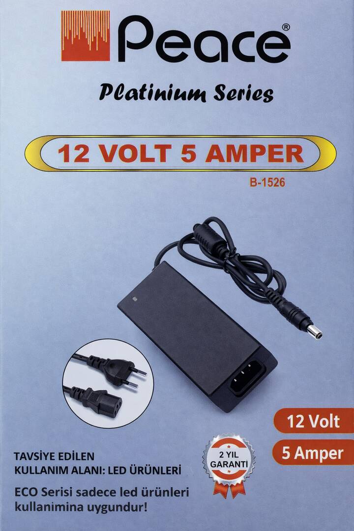 Peace B-1526 220 Volt 12 Volt 5 Amper 5.5x2.5 mm Uçlu Plastik Kasa Adaptör
