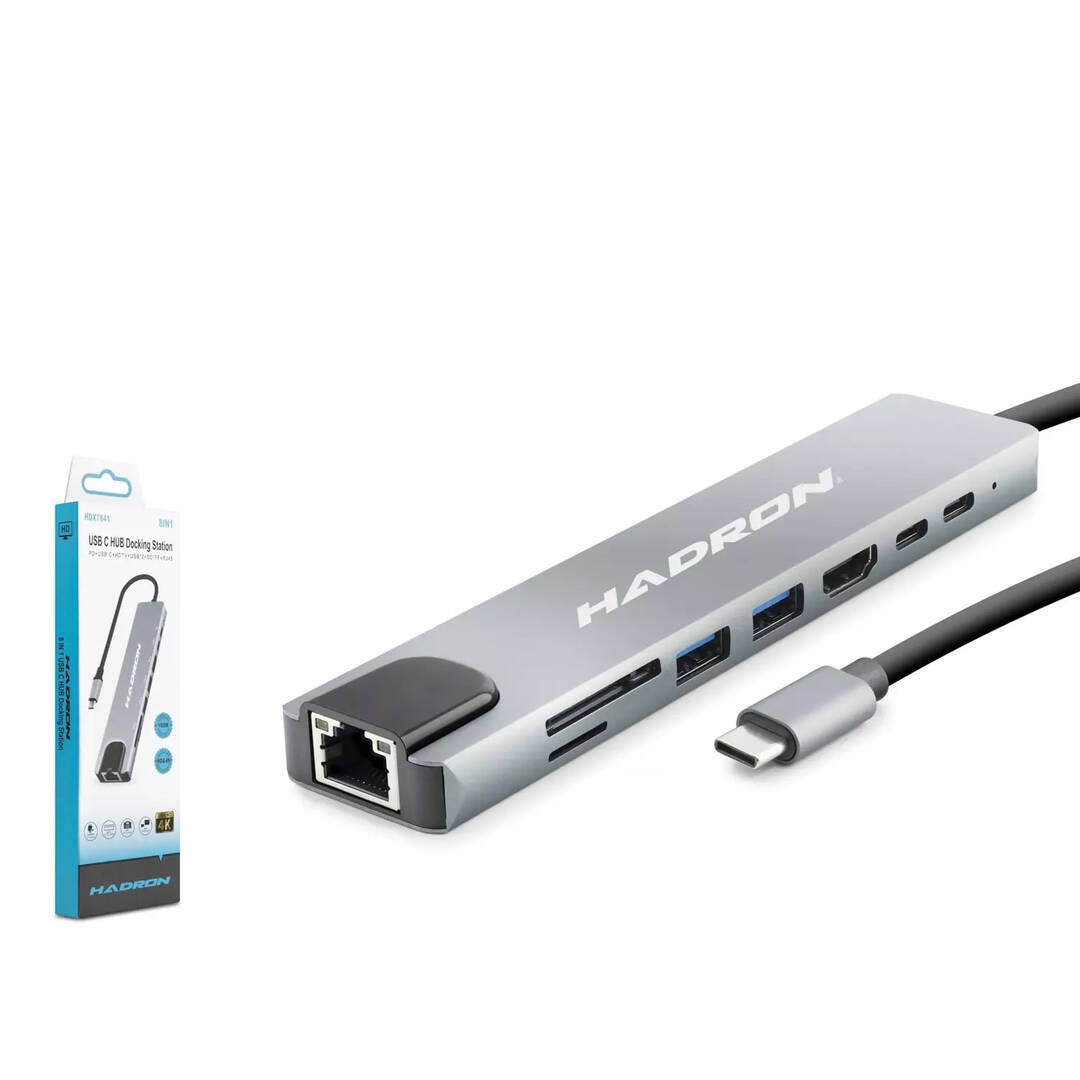 HADRON HDX7841 Type-C Combo Hub HDMI 4K USB 3.0 LAN Kart Okuyucu 8 Port-Gr